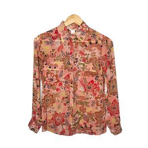 CLUB MONACO Womens 100% Silk Blouse XS Button Up Long Sleeve Shirt Pink Floral